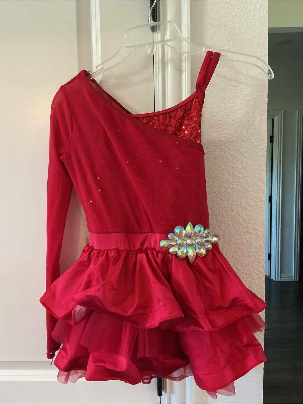 Weissman Red One-Shoulder Dance Dress with Iridescent Floral Accent